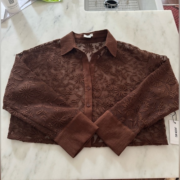 Jason Wu-NWT Brown Lace Long-sleeve Cropped Button down Shirt - Picture 4 of 6